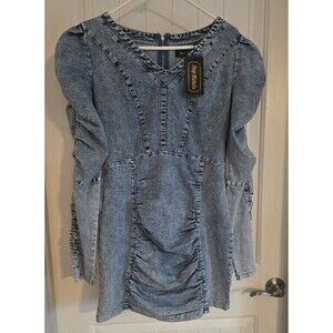NWT denim ruched front  mini Party Dress in acid wash Large Shop Michella